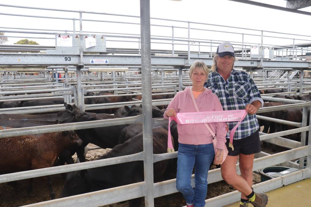 Serena and Wayne Matthews, Kangarabbi, Narrikup, with their pen of heifers that won the award for best feedlot heifers. In the pen were 19 Angus weaner heifers weighing an average of 345kg which sold at 524c/kg and $1809.