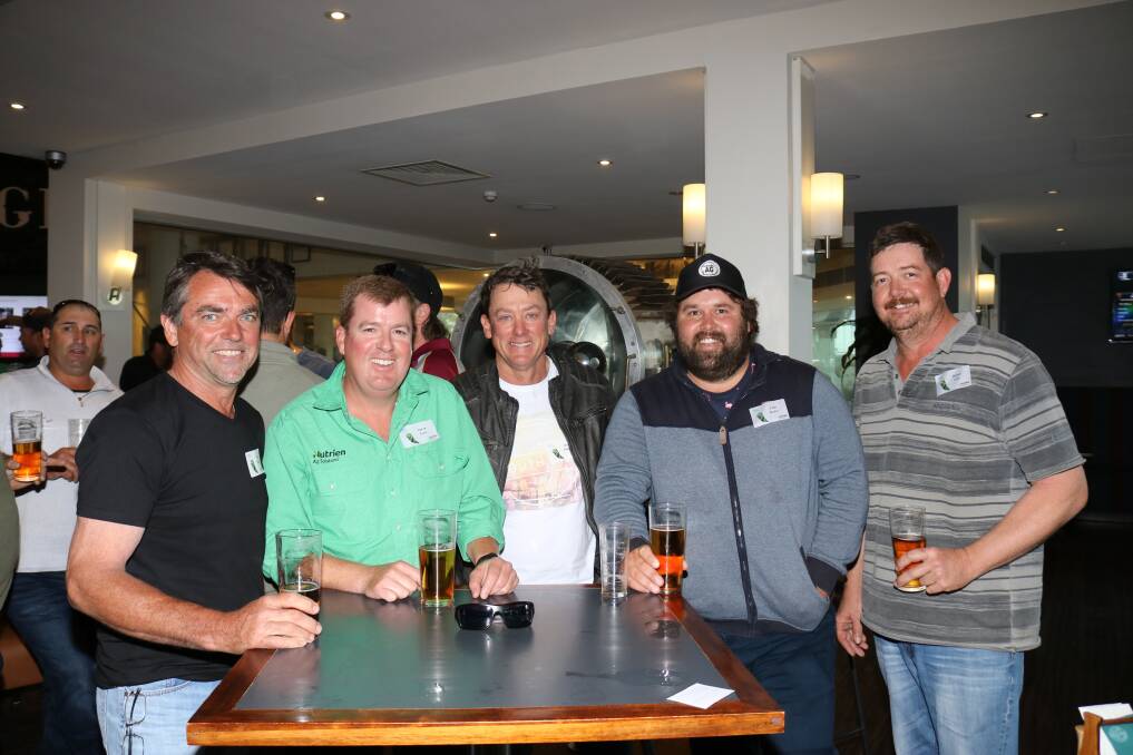 Narembeen attendees included farmer Trevor Sprigg (left), Nutrien Ag Solutions Total Ag principal Aaron Lyon and farmer Dave Pollard, with South Kumminin farmer Clint Butler and Narembeen farmer Dylan Cole.