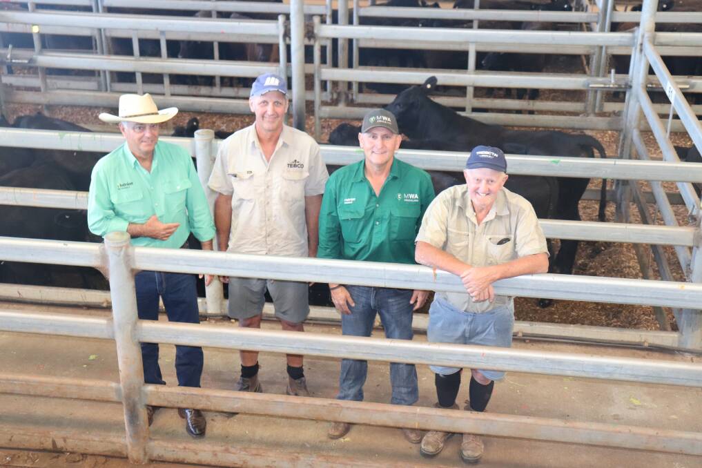 Nutrien Livestock WA Livestock manager Leon Giglia (left), Jeff Cockman, Tebco Fishing Co , Dongara, Nutrien Livestock Mid West agent Craig Walker and Terry Cockman, Tebco Fishing Co. The Cockmans achieved the highest overall price for steers at the Nutrien Muchea cattle sale with 748c/kg and a line of their heifers were the top priced local heifers at 732c/kg.