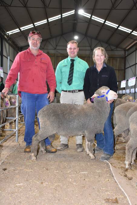 The third highest price in the sale was $20,000 paid by the Sounness family, Paper Collar Grazing Co, Amelup. With the ram were buyer Marcus Sounness (left), Nutrien Ag Solutions, Kojonup branch manager Stuart Richardson and Anderson Rams principal Lynley Anderson.