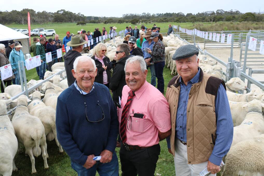 Retired stud stock auctioneer Brian Faithfull (left), Dale, with Preston Clarke, attending his last stud ram sale with Elders before retirement and commercial SheepMaster producer Trevor Flugge, Busselton.