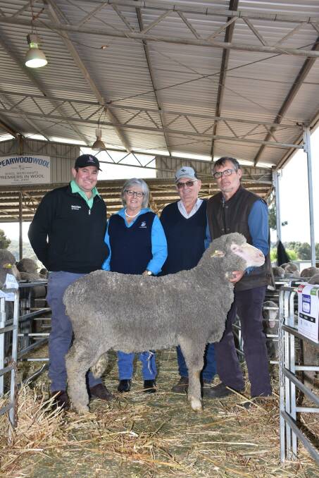 With the $3400 top-priced ram from the Haddrick familys, Toorackie stud offering were Nutrien Livestock Breeding representative Mitchell Crosby (left) and Toorackie co-principals Margaret, Dennis and Brendan Haddrick, Williams. The ram was purchased by the Batt family, Matlock Farms, Boddington.