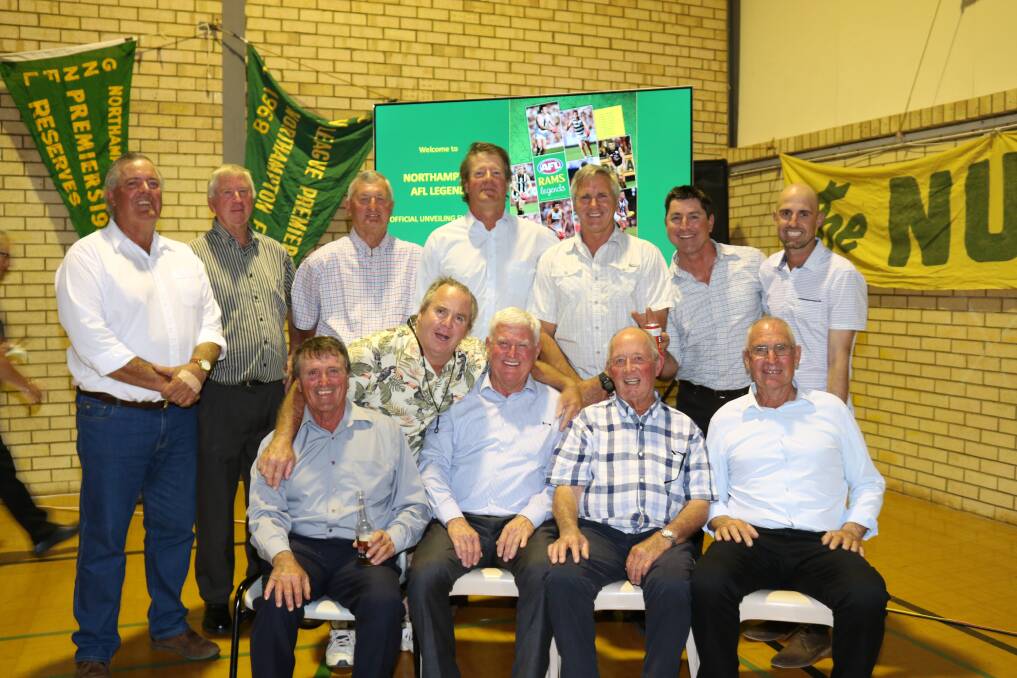 Northampton Rams 200 game players, many of whom were quoted by the nine AFL legends as being sources of inspiration to them, were Ivan Teakle (back left), Lyal Reynolds, Dennis Simpson, Nathan Teakle, Gary Teakle, Dion Gould, Kasey Hasleby, Haydn Teakle (front left), Alan Fairlie, Murray Criddle, Ross Drage and John Hasleby.