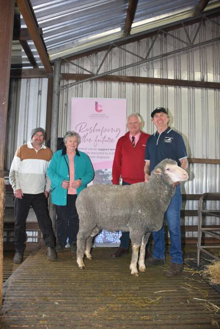 In the sale the Jackson family stud donated the proceeds of this ram to the Shearing For Liz Pink Day fundraiser charity for Breast Cancer Research - WA and it was sold to the Smith family, Roztine Enterprises, Gnowangerup, for $1800. With the ram were Colin Kingston (left), who bid on the ram for the Smith family, Phyllis Smith, who has had breast cancer twice and as a result had a mastectomy in August, Elders stud stock representative Deane Allen and Westerdale co-principal Peter Jackson.