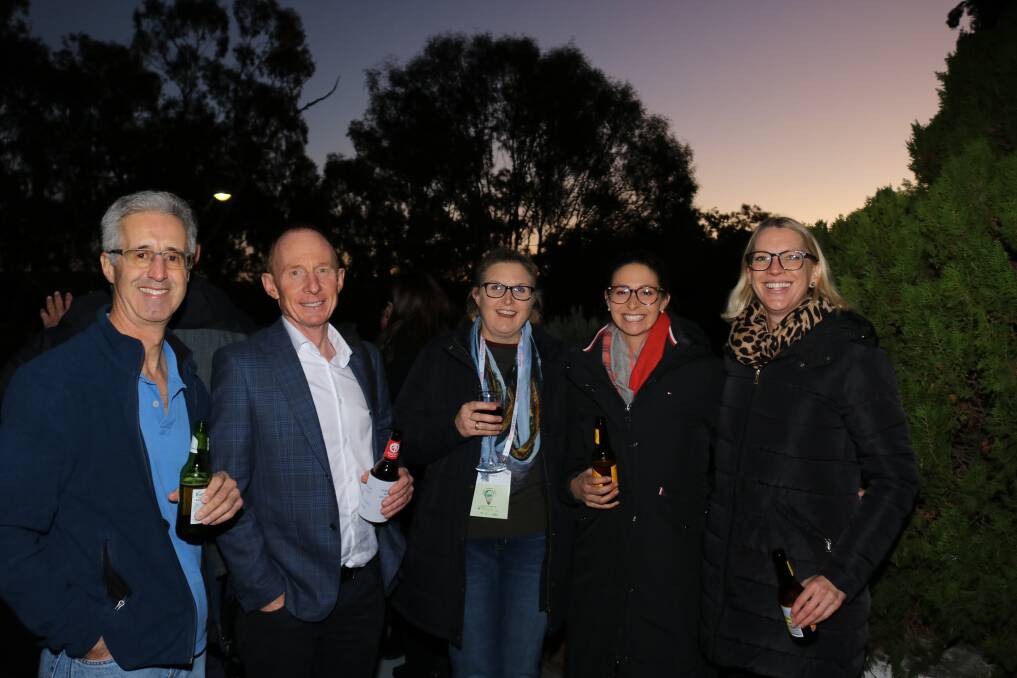 Braving the cold in the setting sun were Guy Oliver (left), City Beach, Agrarian Management consultant Ashley Herbert, Perth, 2WorkinOz principal Ley Webster, York, Narembeen farmer and WAFarmers board member Jessie Davis and CBH chief external relations manager Brianna Peake.