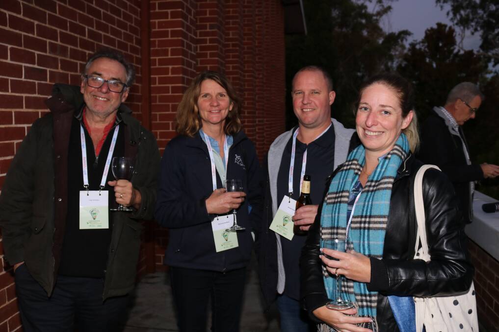 Enjoying a pre-dinner drink were Boyup Brook farmers Hugo (left) and Marianne Bombara, with Jarrad and Stacey Carter, Gingin. Ms Carter is an associate degree in agribusiness lecturer at Muresk Institute, Northam.