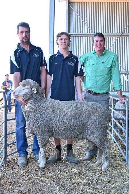 With the $4000 top-priced Poll Merino ram at Lukin Springs on-property ram sale on Monday were stud co-principal Paul (left) and Harry Goerling and Nutrien Livestock Katanning agent and auctioneer Mark Warren. During the sale Dyson Jones representative Tim Chapman purchased the sire on behalf of return top price buyer Darrell Baynes, DD & GH Baynes, Broomehill.
