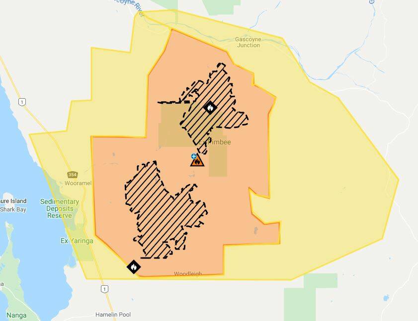 A bushfire "Watch and Act" was in place for several stations in the Shires of Carnarvon, Shark Bay and Upper Gascoyne. Photo by DFES and accurate at time of print on Tuesday night.