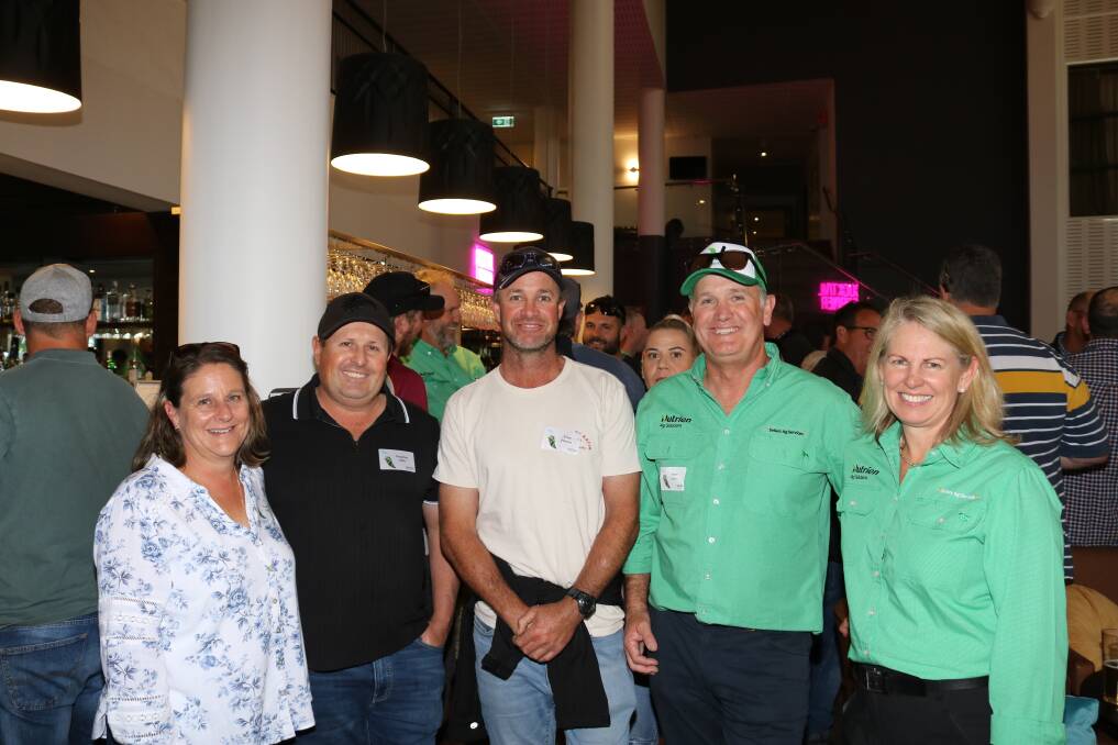 Sharing a laugh or two were Kelly (left) and Vaughan Mills, Corrigin, Clint Pitman, Corrigin and Angus and Sara Sellars, Sellars Ag Services, Nutrien Ag Solutions, Corrigin.
