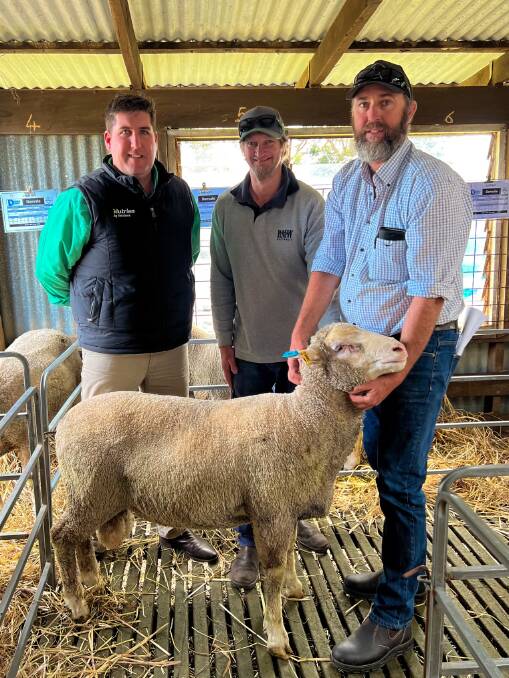 Rams sold to a top of $2000 twice at the Denvale on-property Dohne sale at Mt Baker last week. With one of the top selling rams were Nutrien Livestock, Mt Barker agent and sale auctioneer Jarrad Hubbard (left), buyer Brendan Watterson, Yuelup Farms, Tenterden and Denvale stud principal Greg Sounness.