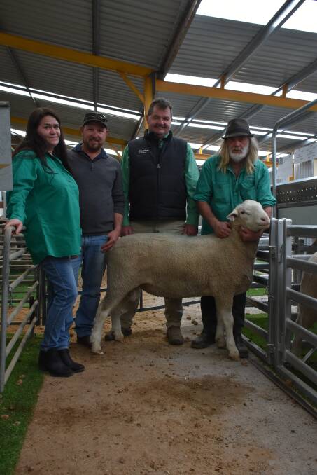 The second top price in the prime lamb sire side of the sale was $2600 paid for this ram from the Cascade White Suffolk stud, Cascade, purchased by the Hann family, Greendale stud, Esperance. With the ram were buyer Rosalie Hann (left), Cascade stud principal Scott Welke, Nutrien Livestock, Esperance agent Barry Hutcheson and Andrew Hann.