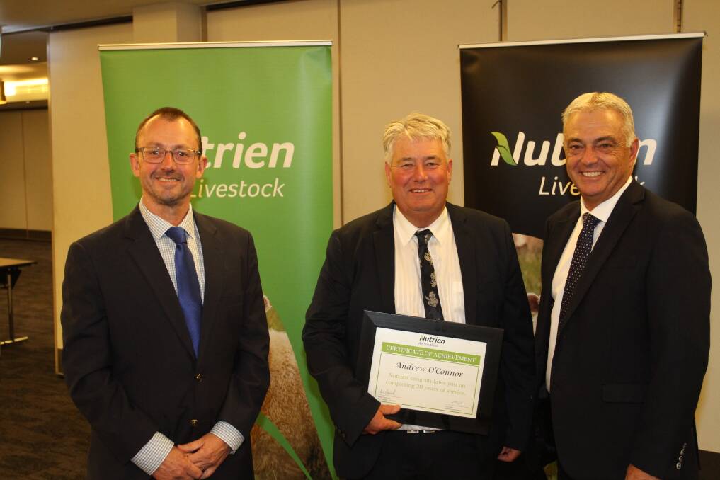 Nutrien Livestock Goomalling representative Andrew O'Connor (centre), was congratulated on 20 years of service to the company by Nutrien Ag Solutions region manager west Andrew Duperouzel (left) and Nutrien Livestock State manager Leon Giglia at the Nutrien Livestock Muster last Friday.