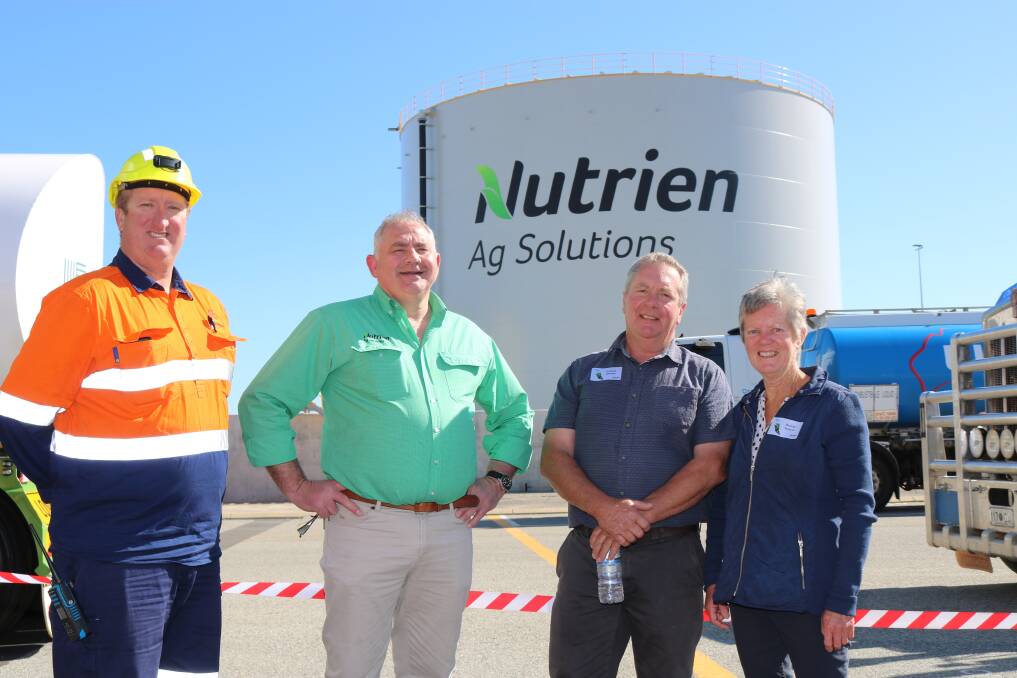 Coogee Chemicals development co-ordinator Marty Edwards (left) and head of WA fertiliser operations Sam Hunt, with Mingenew farmers Graham and Rayleen Spencer at the new storage site at Kwinana during a tour of the facility last Wednesday.