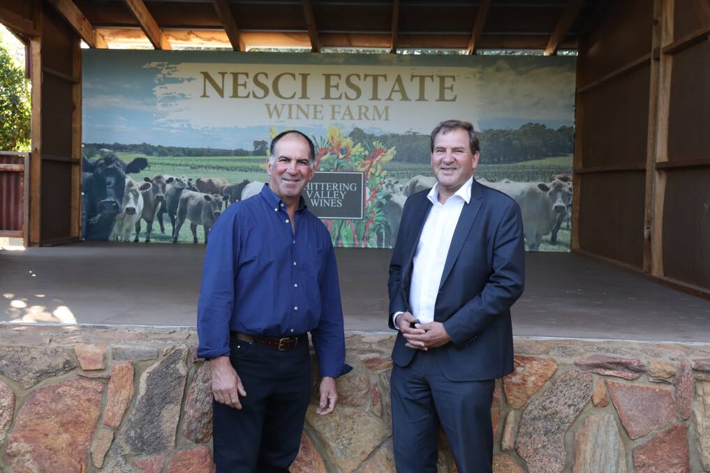 Kevin Nesci (left), Nesci Estate Wine Farm owner and Darren West, Agricultural Region MP.