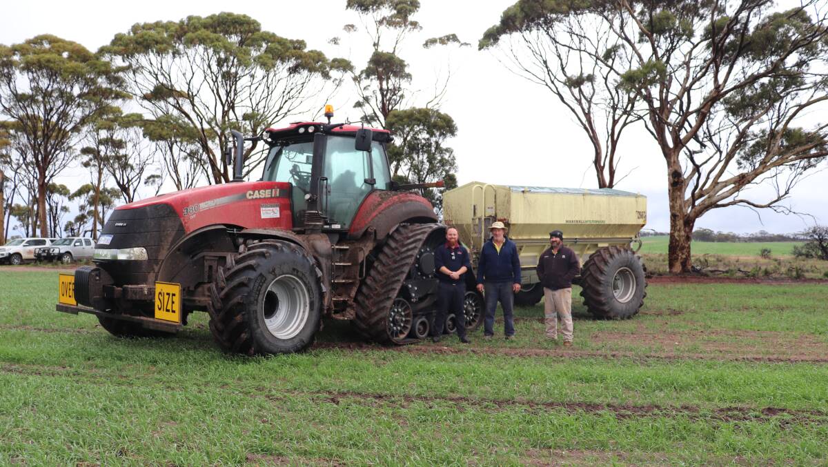 Boekeman Machinery sales consultant Dillan Elliott (left) with Phil and Corey Mincherton, Ballidu, in a Zen Noodle Wheat paddock where they had been applying urea with the new Case IH 380 CVT Rowtrac and Marshall Multispread.