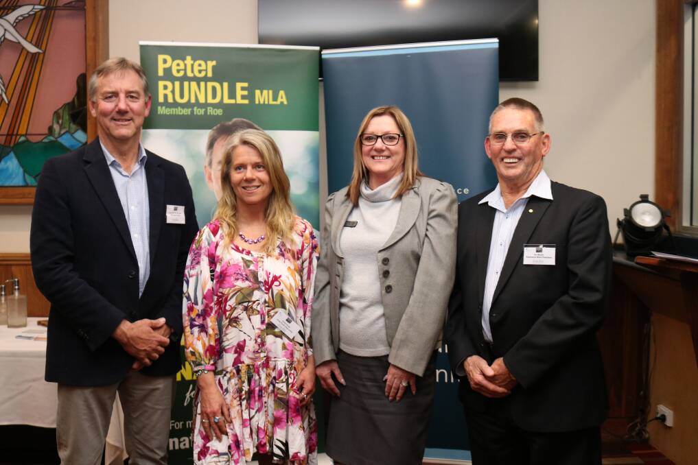 Function co-hosts Peter Rundle (left), the Member for Roe and artist Cindy Poole, principal of Cindy Poole Glass Gallery, Esperance were with Esperance Chamber of Commerce and Industry (ECCI) executive officer Bronwyn McLeod and Esperance Shire president Ian Mickel.
