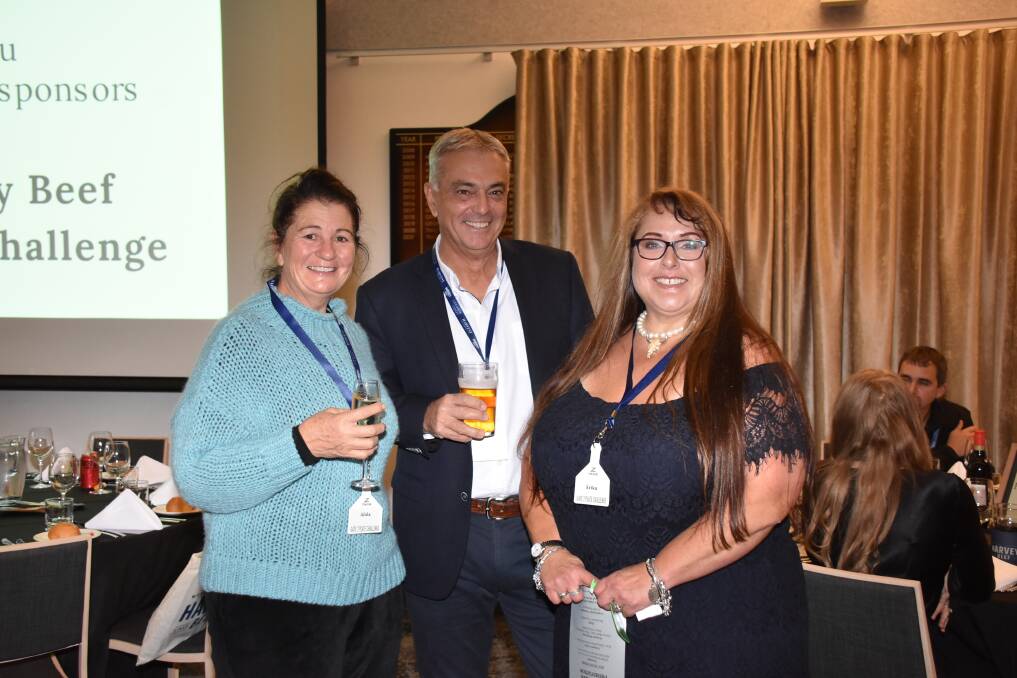 Alida Parke (left), Lake Muir Prime Beef, Lake Muir, enjoyed a laugh with Nutrien Livestock State manager Leon Giglia and Harvey Beef Gate 2 Plate Challenge committee member Erika Henderson before the dinner.
