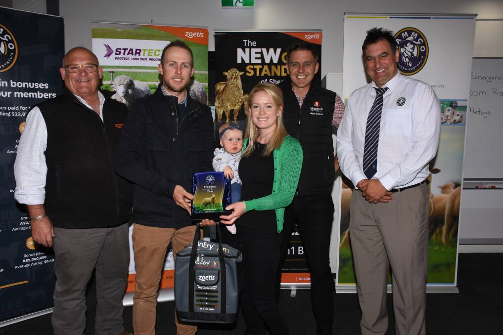 First place in the large Merino supplier category went to the Patterson family, Bullock Hills Pastoral, Woodanilling. Celebrating the win were Zoetis representative Ben Fletcher (left), Lach and Hannah Patterson and their daughter Violet, professor Graham Gardner, Murdoch University and WAMMCO director Brad Ipsen, Manjimup.