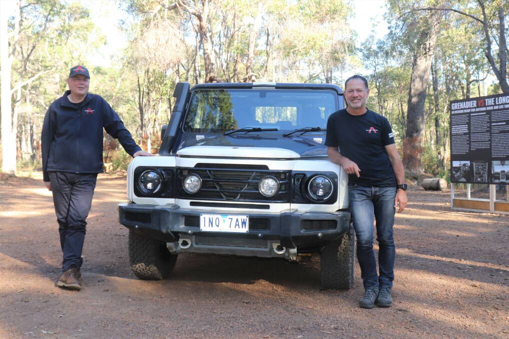 INEOS Automotive senior aftersales manager Australia and New Zealand, Glenn Boyd (left) and head of Asia-Pacific region, Justin Hocevar with a Grenadier prototype at a ride day at Logue Brook Dam in May.