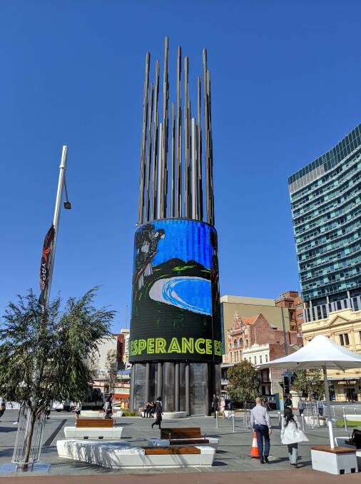The 2019 Esperance #shoWcAse in Pixels Winning Design by Kimberley Morey on display on the giant screen in Yagan Square, in Perth.