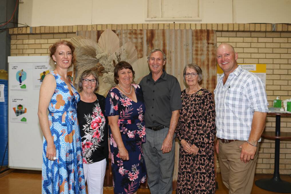 Some of those integral in getting the AFL Legends recognition project to fruition were Northampton Visitor Centre secretary Jo Loftus (left), vice president Maureen Drage and treasurer Justeen Varney (second right), with local business owners Kerry and Rick Hasleby and Chad Smith.