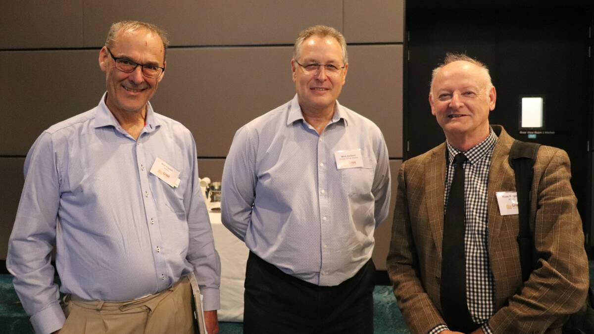 Department of Primary Industries and Regional Development crop science manager Bob French (left), with Grower Group Alliance program manager Mark Holland and Australian Export Grains Innovation Centre chief economist Ross Kingwell.