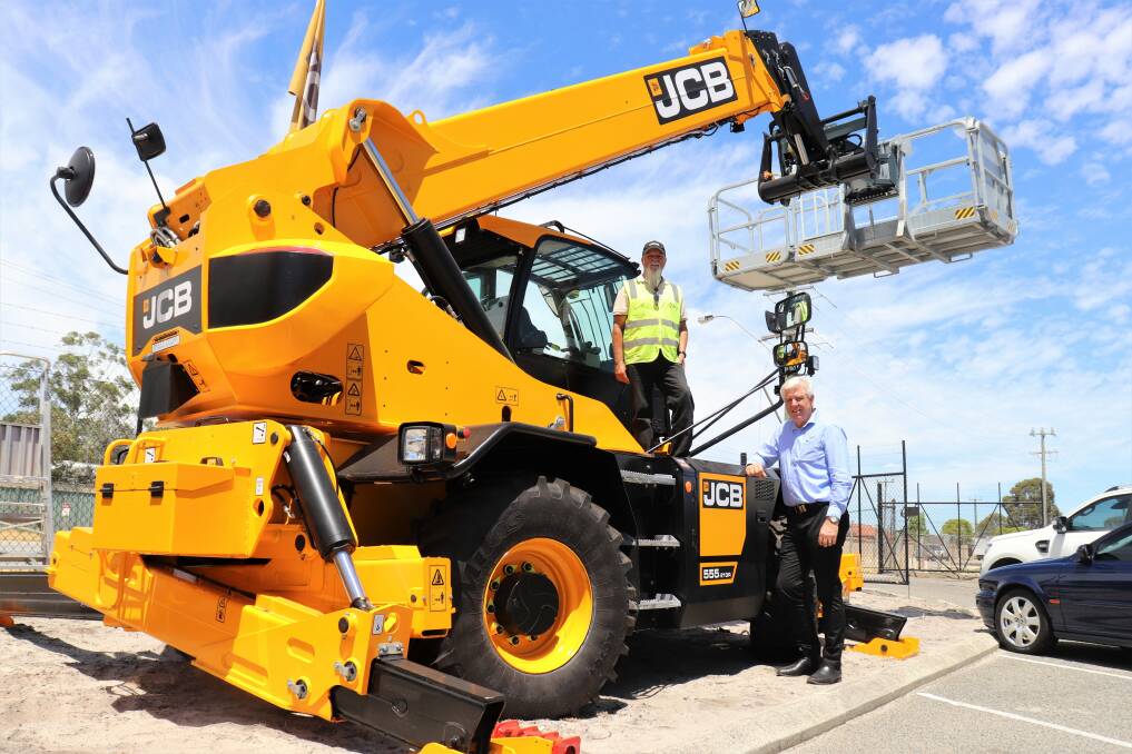 JCB's first rotating telescopic handler, the 555-210 Roto, has finally arrived in Australia. CEA WA machine operator James Daffin (left) and general manager Renay van der Meulen are pictured with the first Roto to land here. Attachments include the four-man basket (pictured), a crane jib, bucket and forks.