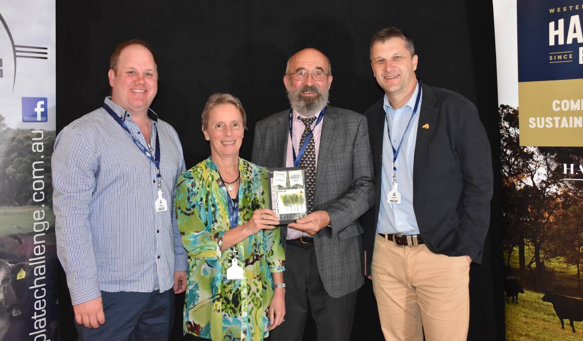 Second place in the MSA grading section went to Austin Park, Napier, with a purebred Angus team. Harvey Beef livestock buyer Jonathon Green (left) and MLA group manager animal productivity and well-being David Beatty (right) congratulated Jane and Barney McCallum on winning the award.