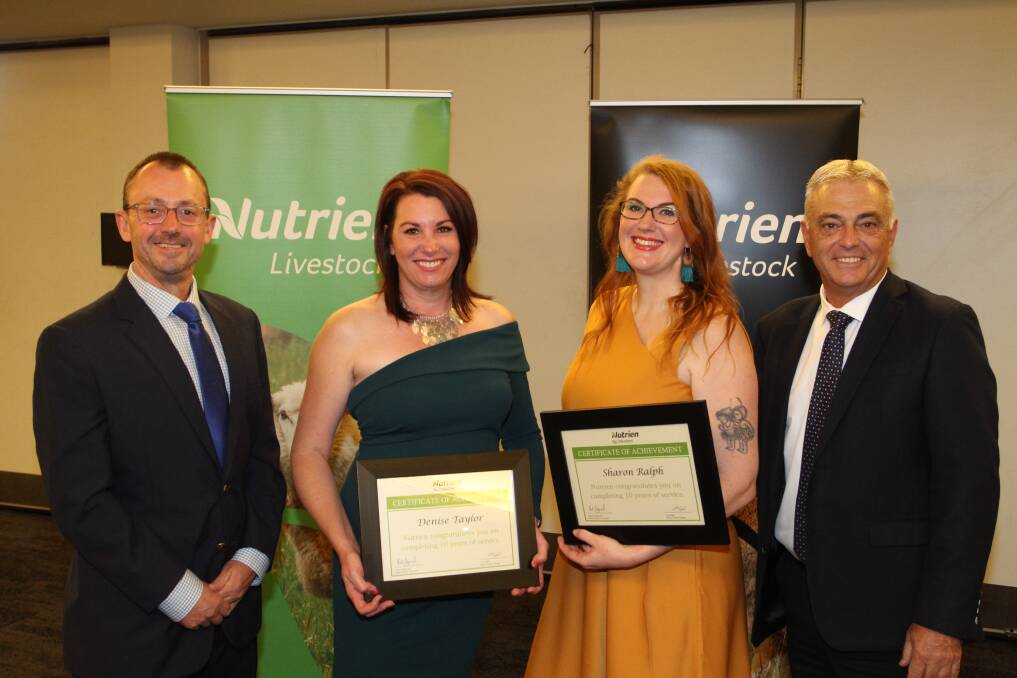 Mr Duperouzel (left), congratulated Nutrien Livestock administration team members Denise Taylor, Midvale and Sharon Ralph, Albany, on 10 years of service to Nutrien Ag Solutions alongside Mr Giglia.