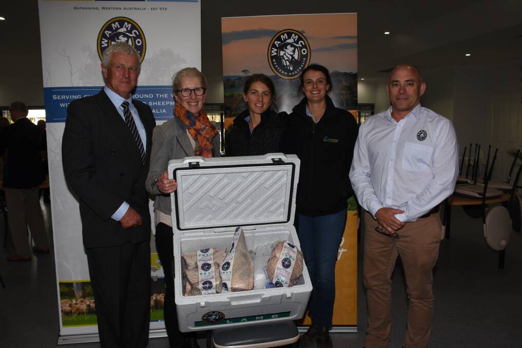 The Heggaton family, Evergreen Grazing Co, BreedersBEST Genetics, Kojonup, took out third place in the large crossbred supplier category. Looking through their esky of meat they were awarded for the win were principals Craig (left) and Liz Heggaton, Evergreen Grazing team members Sophie Beasley and Isabella Clarke and WAMMCO director Mark Lucas.