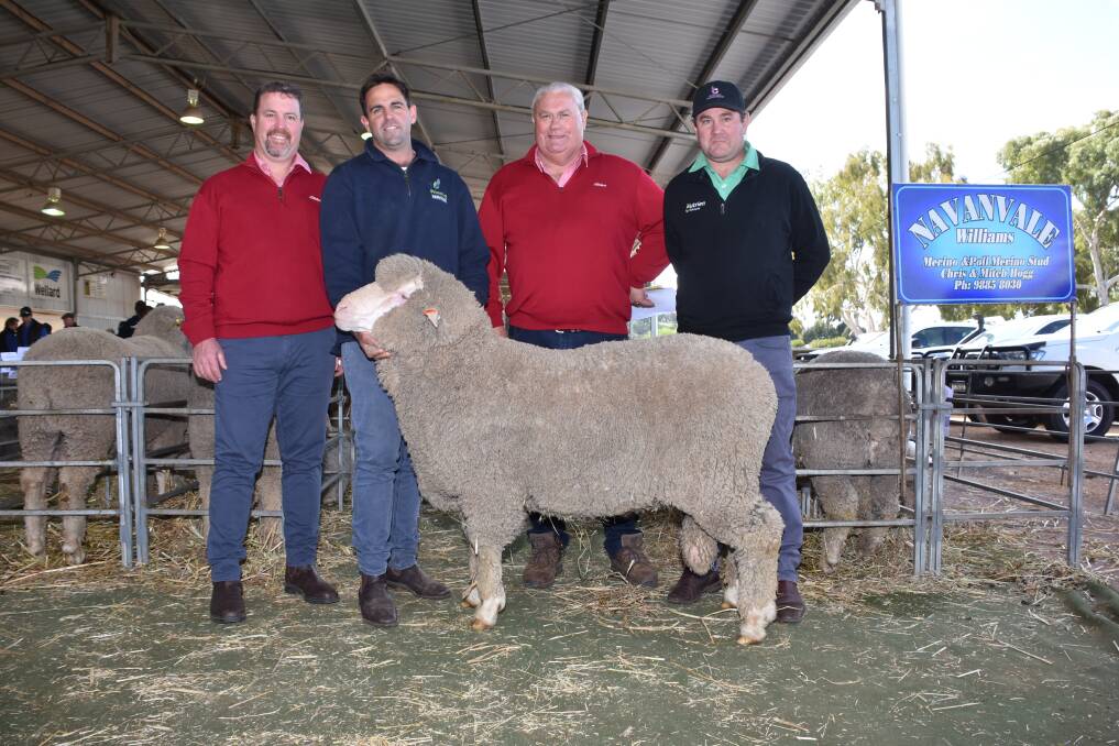 With the $3600 top-priced ram sold by the Hogg familys Navanvale stud, Williams, at last weeks Williams Breeders ram sale were Elders auctioneer and Navanvale classer Nathan King (left), Navanvale co-principal Mitchell Hogg, Elders stud stock representative Kevin Broad, who purchased the ram for the Lavender family, Lavender Farm Co, Williams and Nutrien Livestock Breeding representative Mitchell Crosby.