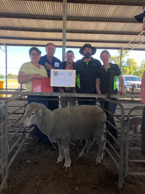 Buyers Robin Goods (left) and Frank Crago, Hakea Farming, Coorow, Elders Michael O'Neill and stud principals Charles and Shayne Wass with the $1600 top-priced ram.