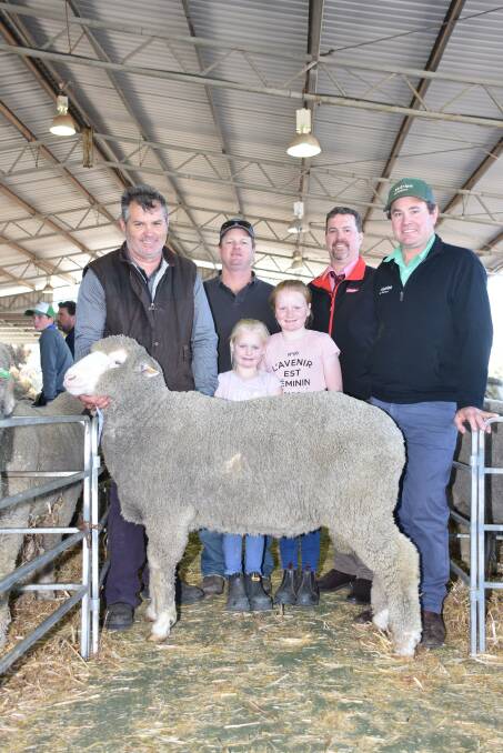 The top price in the offering of Poll Merino rams from the Toorackie stud, Williams, was $4000. With the stud's top-priced ram were Toorackie's Brendan Haddrick (left), buyer Daniel Zadow, Kojonup and his daughters Chelsea and Lexi, Toorackie classer and Elders stud stock representative Nathan King and Nutrien Livestock Breeding representative Mitchell Crosby.