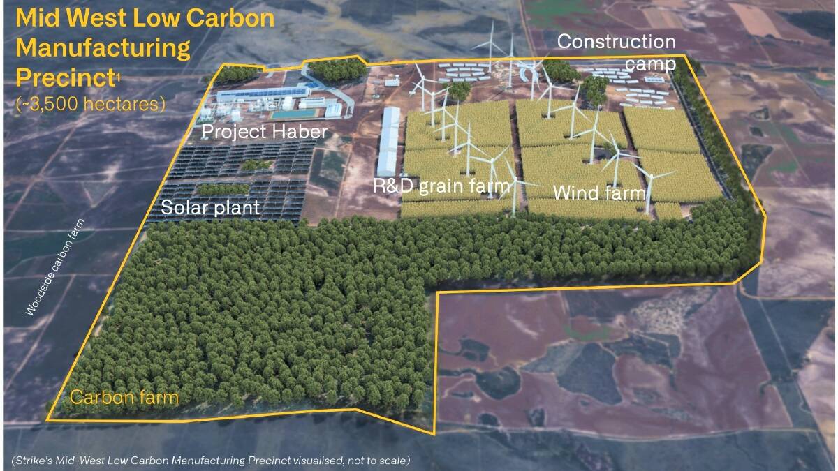 Strike Energys proposed Mid West Low Carbon Manufacturing Precinct with its urea fertiliser manufacturing plant in the top left corner and solar and wind power generation aimed at cutting the carbon footprint of the local fertiliser compared to imported urea.