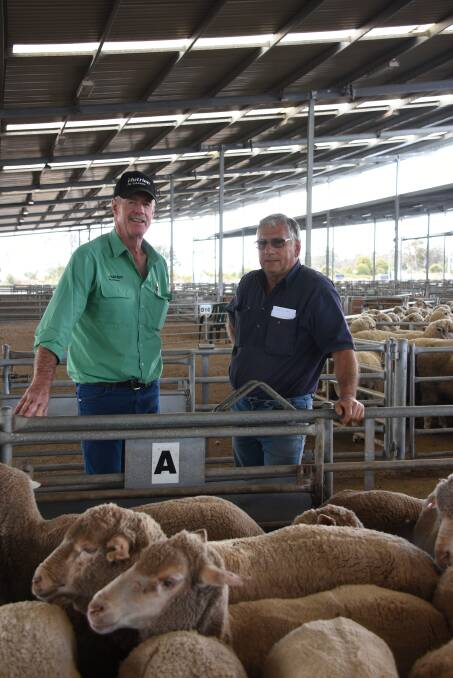 Charlie Staite (left), with client Jeff Taylor, Mt Barker, at a Katanning sheep sale in 2020.