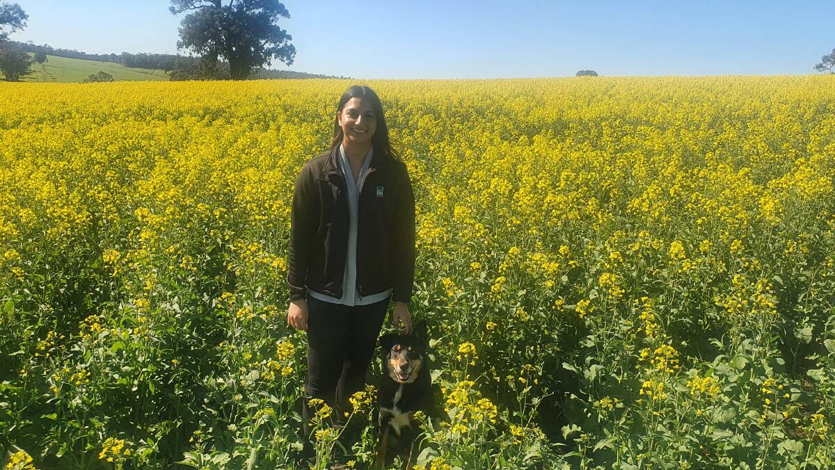 Sang Ravindran is a graduate farm consultant at Planfarm, Manjimup. She is with pup Mike, in a canola field next door to her partner's family farm at Manjimup.