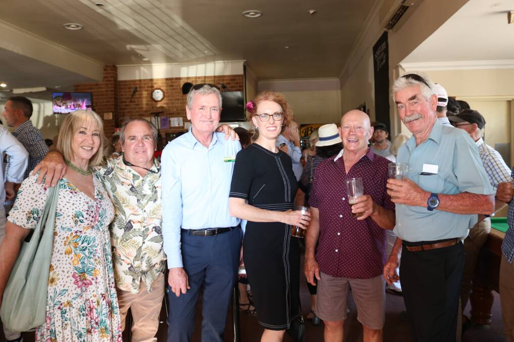 In the Miners Arms Hotel where the 9 Legends Lager was on tap for the first time were Shirley Rose (left) and Alan Fairlie, Geraldton, MLA for Moore Shane Love, Jo Loftus, Northampton, Don Nairn, Horrocks and Mick Drage, Bowes. 