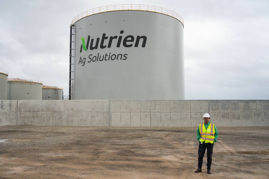 Nutrien Ag Solutions region manager - west, Andrew Duperouzel in front of the new 50,000t UAN storage facility at Kwinana.