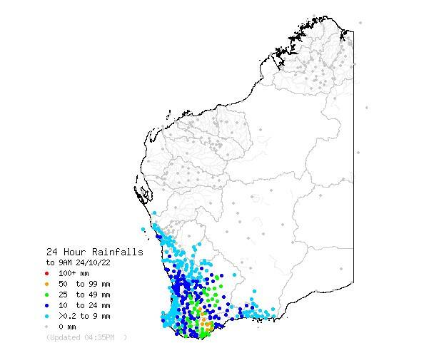 A map of the last 24 hour of rainfalls - the yellow dots show areas that had between 50mm to 99mm of rain.