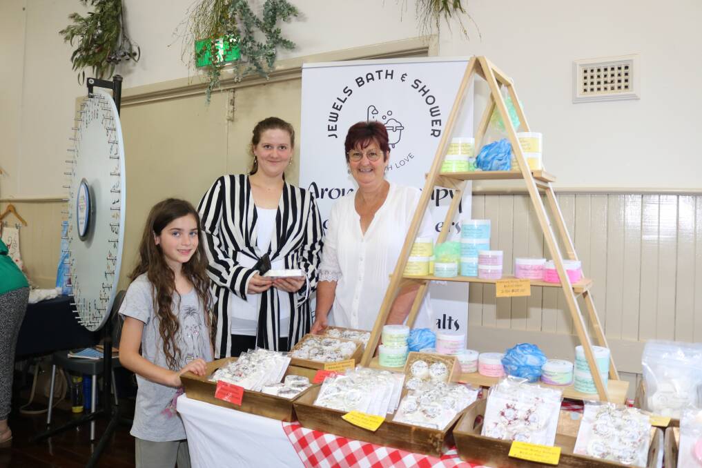 At the Jewels Bath & Shower aromatherapy stand were Sophie Ferreira (left), 7 and Sierrah Andrews, Calingiri, with owner Jule Burt, Calingiri.