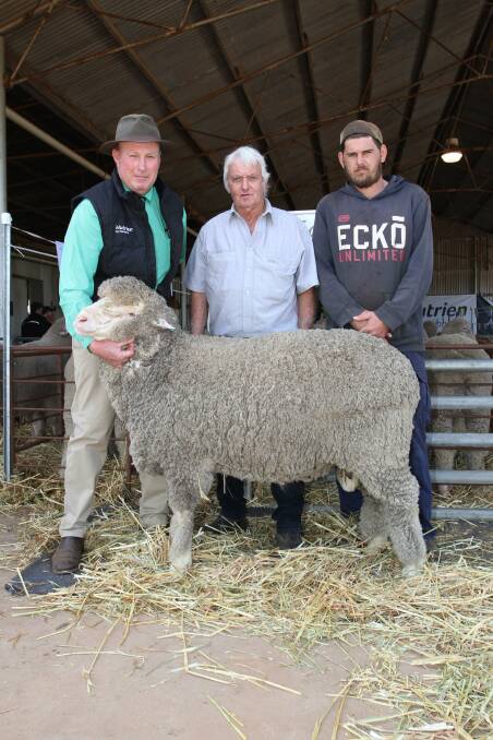 With the $3500 equal top-priced Rhamily ram at the Edmonds families on-property ram sale at Calingiri were sale auctioneer Grant Lupton (left), Nutrien Livestock, Wongan Hills, Rhamily stud principal Ray Edmonds and buyer Michael Sudholz, S & M Sudholz, Yerecoin.