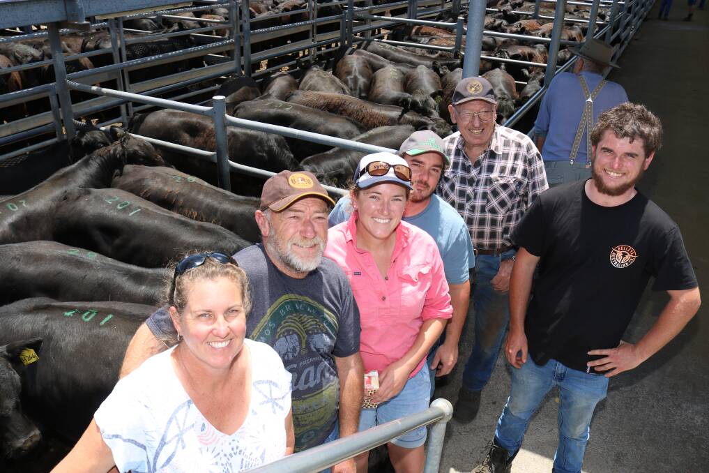 At the Mount Barker Regional Saleyards to see their cattle sold in the Nutrien Livestock Angus Weaner Sale were Rebecca (left), Jeff and Bianca Blyth, Bob Potter and Mick and Callum Blyth, all MJ Blyth & Co, Manypeaks.