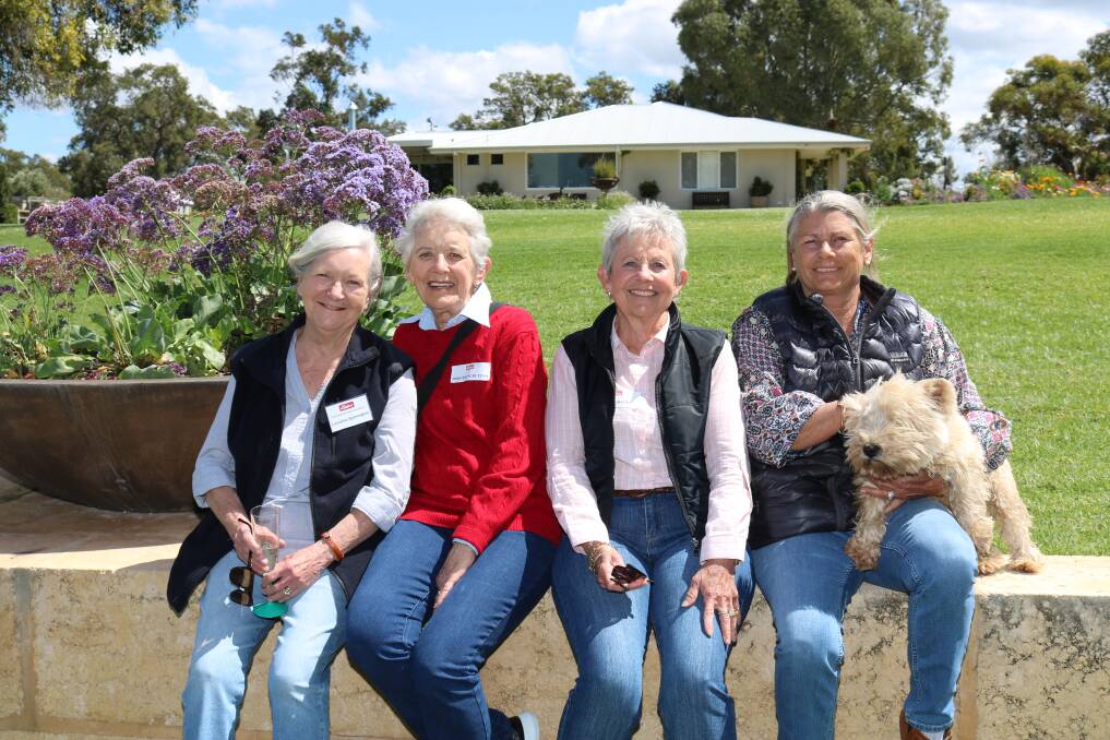 EPEA committee member Lorraine Symington (left), Willetton, soaked up the garden atmosphere with Dorothy Scrutton, Riverton, Barb McManus, Canning Vale and host Jane McTaggart and dog Spencer, Warringah farm, Gingin.