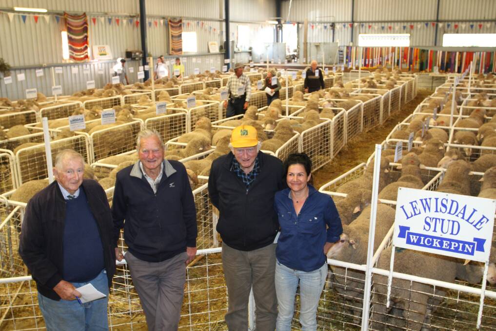 Lewisdale stud representative of 54 years John Sherlock (left), with buyers Don and Bill Handscombe and Helen Breading, W & M Handscombe, Quairading, who purchased 25 rams at the Lewisdale sale.