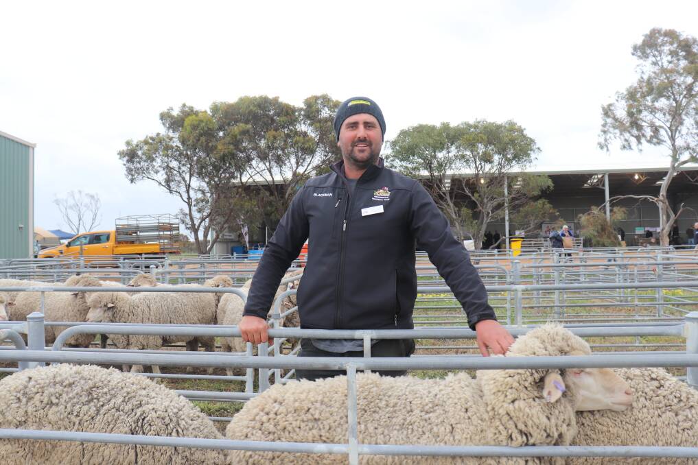 State Ewe Hogget Competition 2021 winner and, coincidentally, organiser of the competition, Bryce Sinclair, BP Sinclair, East Newdegate, with his well-grown sheep which produce stylish crimped wool.