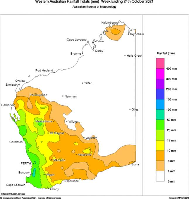 WA rainfall totals in the week to Sunday, October 24.