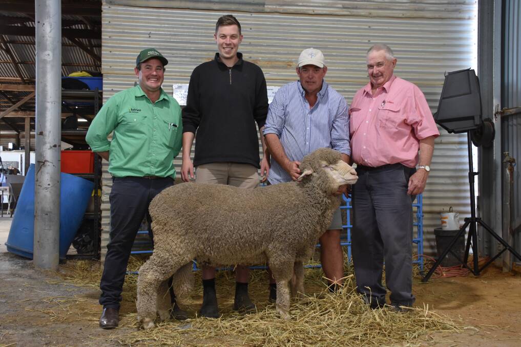 he second top price at last week's Kamballie on-property Merino and Poll Merino ram sale at Tammin was $9250 for this ram when it was knocked down to the Darijon stud, Narrogin. With the ram were Nutrien Livestock Breeding representative Mitchell Crosby (left), who purchased the ram for Darijon, Kamballie's Simon and Shayne Mackin and Elders district wool manager Russell Wood.