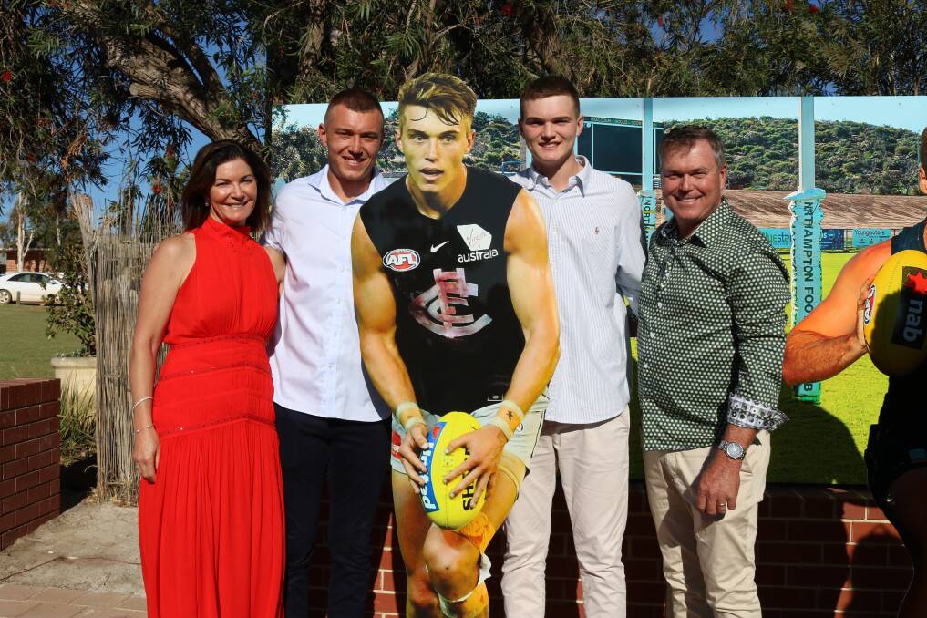 As the ninth AFL player produced in Northampton, Carlton's Patrick Cripps (second left), travelled back to town for the unveiling ceremony with his mother Cathy, youngest brother Josh and father Brad Cripps. With Josh already having been looked at by six interstate clubs, Northampton residents are hoping he will be the towns 10th Legend.