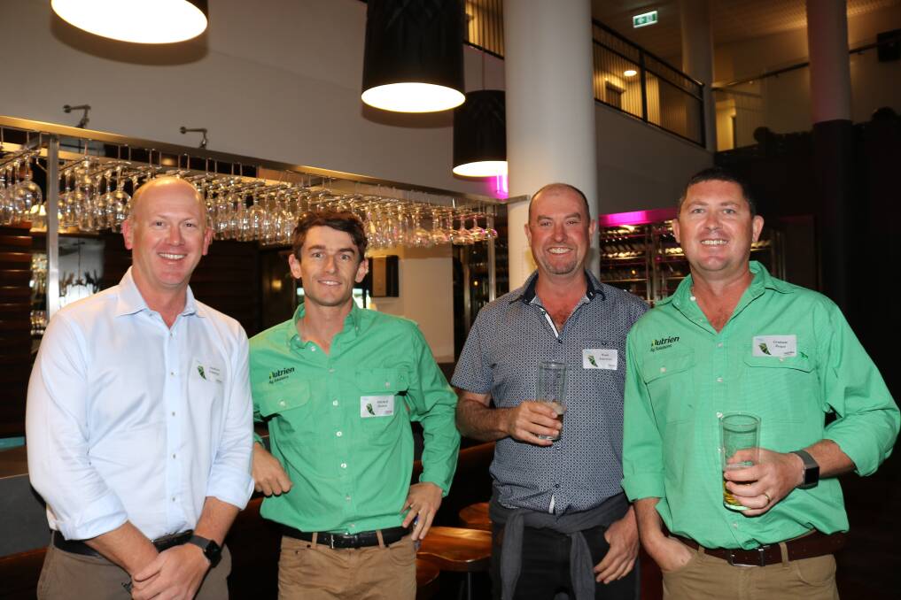 Nutrien Ag Solutions' general manager west region  north, Andrew Lindsay (left), caught up with the Carnamah crew of agronomist Mitchell Hutton, farmer Wade Anderson and Doust AgriServices principal Graham Doust.