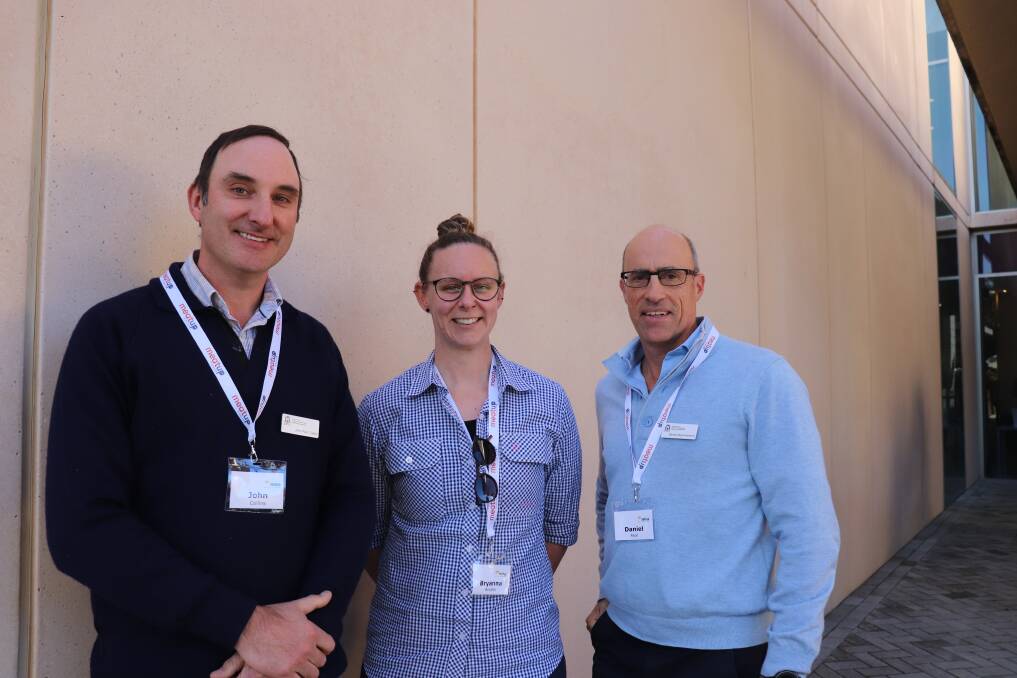 From the Department of Primary Industries and Regional Development were research scientist John Paul (left) and Katanning research facility project manager Bryanna Beattie, with Tedera breeder and leader of the 365 project at Katanning, Daniel Real.